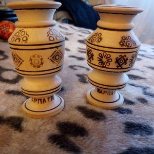 Vintage Russian / Ukraine Hand Made Wood Salt and Pepper Shakers